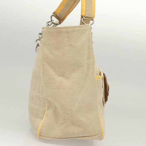 CHANEL Camelia Choco Bar Hand Bag Canvas Beige Silver CC Auth sw727 - Picture 6 of 16